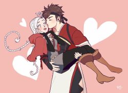 Rule 34 | 1boy, 1girl, ahoge, armor, black bridal gauntlets, black pants, boots, braid, bridal gauntlets, brown footwear, brown hair, capelet, carrying, couple, fire emblem, fire emblem fates, hairband, harness, heart, heart ahoge, heart in eye, hetero, hood, hooded capelet, japanese armor, japanese clothes, kiss, kissing cheek, leather, leather boots, low twin braids, low twintails, nina (fire emblem), nintendo, o-ring, o-ring harness, pants, pantyhose, parted bangs, princess carry, red hood, rosie westberry, shiro (fire emblem), symbol in eye, twin braids, twintails, white hair, white hairband