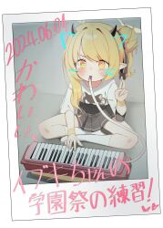 Rule 34 | 1girl, absurdres, black horns, black skirt, blonde hair, blue archive, bow, cat, dated, demon horns, drawn ears, drawn whiskers, hair bow, hair intakes, halo, highres, horns, ibuki (blue archive), instrument, keyboard (instrument), melodica, music, playing instrument, pleated skirt, pointy ears, skirt, socks, solo, white socks, whonyang, wristband, yellow eyes, yellow halo, yellow wristband