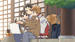 Rule 34 | 3boys, animal ears, architecture, bag, black hair, brown hair, brown sweater, collared shirt, drawing, east asian architecture, feet out of frame, fox boy, fox ears, fox tail, grey pants, hakama, hakama shorts, hand on another&#039;s arm, highres, holding, holding pencil, holding sketchbook, japanese clothes, knees apart feet together, kojiro337, light brown hair, long sleeves, looking at another, miko, multiple boys, original, pants, pencil, raccoon boy, raccoon ears, red hakama, shirt, short hair, shorts, shoulder bag, sitting, sketchbook, sweatdrop, sweater, tail, white shirt, wide sleeves