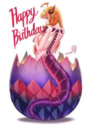 Rule 34 | 1girl, ahoge, breasts, commentary request, covering privates, covering breasts, dragon girl, dragon horns, dragon tail, eggshell, english text, from behind, happy birthday, hatching, highres, hololive, horns, kiryu coco, kivo, large breasts, long hair, looking at viewer, nude, orange hair, pointy ears, purple eyes, simple background, solo, tail, virtual youtuber, white background