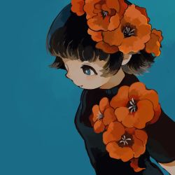 Rule 34 | 1girl, black hair, black shirt, blue background, blue eyes, blunt bangs, brown hair, butudan butugu, commentary, flower, from above, from side, hair flower, hair ornament, highres, looking away, multicolored hair, orange flower, original, shirt, short hair, short sleeves, simple background, solo, symbol-only commentary, two-tone hair, upper body