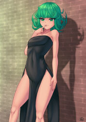 Rule 34 | 1girl, against wall, bare legs, bare shoulders, black dress, breasts, covered navel, curly hair, curvy, dress, formal, green eyes, green hair, highres, looking at viewer, matching hair/eyes, one-punch man, rocky-ace, shiny skin, short hair, small breasts, smile, solo, tatsumaki, wide hips