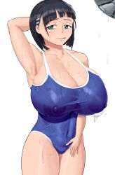 Rule 34 | 1girl, absurdres, armpits, blue eyes, booruguru, breasts, cameltoe, cleavage, cleft of venus, covered erect nipples, female focus, highres, huge breasts, licking, school swimsuit, shiny skin, short hair, solo, sweat, swimsuit, thick thighs, thighs, wet, white background