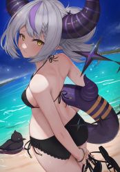 Rule 34 | 1girl, absurdres, arm behind back, ass, back, beach, bikini, bird, black bikini, blue sky, bracelet, breasts, closed mouth, crow, crow (la+ darknesss), demon horns, from behind, grey hair, halterneck, highres, holding, holding shoes, holding swim ring, hololive, horns, innertube, jewelry, la+ darknesss, ocean, pointy ears, raised eyebrows, sandals, shoes, sky, small breasts, swim ring, swimsuit, virtual youtuber, water, wavy mouth, yellow eyes, yukinashi