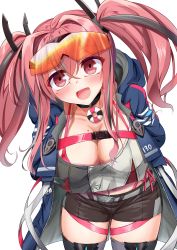 Rule 34 | 1girl, :d, absurdres, arms behind back, azur lane, belt, bikini, bikini under clothes, black choker, black shorts, black thighhighs, blue jacket, blush, breasts, bremerton (azur lane), buckle, choker, cleavage, collarbone, commentary request, cowboy shot, crop top, crop top overhang, crossed bangs, eyewear on head, gluteal fold, grey belt, grey hair, grey thighhighs, hair between eyes, hair intakes, hair ornament, highleg, highleg bikini, highres, hood, hood down, hooded jacket, jacket, large breasts, leaning forward, lifebuoy, long hair, long sleeves, looking at viewer, midriff, mikage (shibi), mole, mole on breast, mole under eye, multicolored hair, navel piercing, open clothes, open jacket, open mouth, orange-tinted eyewear, piercing, pink bikini, pink eyes, pink hair, shirt, short shorts, shorts, side-tie bikini bottom, sidelocks, simple background, skindentation, smile, snap-fit buckle, solo, standing, streaked hair, sunglasses, sunglasses on head, swim ring, swimsuit, thigh strap, thighhighs, tinted eyewear, twintails, two-tone hair, two-tone legwear, two-tone shirt, white background