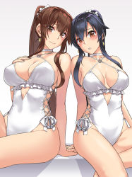 Rule 34 | 2girls, abo (hechouchou), bare arms, bare legs, bare shoulders, black hair, blush, breasts, brown eyes, brown hair, closed mouth, collarbone, cosplay, earrings, frilled one-piece swimsuit, frills, hair between eyes, halterneck, jewelry, kantai collection, large breasts, long hair, medium breasts, multiple girls, one-piece swimsuit, open mouth, ponytail, sagiri (kancolle), sagiri (kancolle) (cosplay), swimsuit, very long hair, white one-piece swimsuit, yahagi (kancolle), yamato (kancolle)