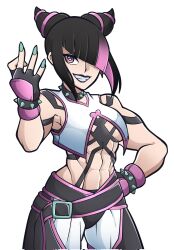 Rule 34 | 1girl, abs, black hair, bracelet, breasts, collar, commentary, cone hair bun, double bun, english commentary, fingerless gloves, gloves, green nails, grin, hair bun, hair over one eye, han juri, hand on own hip, highres, jewelry, kermittend, medium breasts, multicolored hair, muscular, muscular female, pink eyes, pink hair, purple lips, smile, solo, spiked bracelet, spiked collar, spikes, street fighter, street fighter 6, two-tone hair