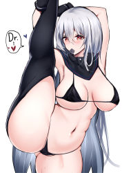 Rule 34 | 1girl, absurdres, arknights, arm behind head, armpits, arms up, bikini, black bikini, black gloves, black thighhighs, blush, breasts, cameltoe, cleavage, closed mouth, condom, condom in mouth, condom wrapper, cowboy shot, detached collar, fish, gloves, gluteal fold, grey hair, hair between eyes, heart, heart-shaped pupils, highres, kokihanada, large breasts, long hair, looking at viewer, micro bikini, mouth hold, navel, red eyes, simple background, skadi (arknights), solo, speech bubble, split, standing, standing on one leg, standing split, stomach, swimsuit, symbol-shaped pupils, thighhighs, thighs, very long hair, white background
