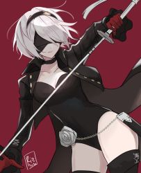 Rule 34 | 1girl, 2b (nier:automata), black blindfold, black hairband, black jacket, black leotard, blindfold, boots, bow, bowtie, breasts, chain, choker, cleavage, cosplay, cropped jacket, dinikee, dutch angle, flower, gloves, grey flower, grey hoodie, grey rose, hair over one eye, hairband, highres, hood, hoodie, jacket, katana, leotard, medium hair, nier:automata, nier (series), persona, persona 5, red bow, red bowtie, red gloves, rose, signature, solo, sword, thigh boots, thighs, weapon, yoshizawa kasumi, yoshizawa kasumi (cosplay)