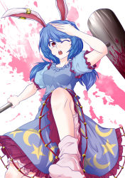 Rule 34 | 1girl, animal ears, benizuwai, bloomers, blue dress, blue hair, rabbit ears, commentary request, dress, highres, kine, long hair, mallet, one eye closed, open mouth, red eyes, seiran (touhou), short sleeves, socks, solo, splatter, touhou, underwear