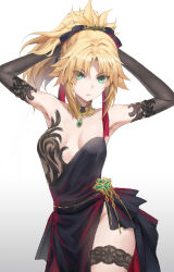 Rule 34 | 1girl, absurdres, armpits, arms behind head, arms up, bare shoulders, belly chain, black dress, black gloves, blonde hair, braid, breasts, bridal garter, collarbone, commentary request, dress, elbow gloves, fate/apocrypha, fate (series), french braid, gloves, green eyes, hair ribbon, highres, jewelry, long hair, looking at viewer, mordred (fate), mordred (fate/apocrypha), parted bangs, ponytail, ribbon, sidelocks, small breasts, solo, tonee, variant set