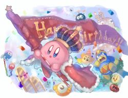 Rule 34 | :d, birthday, birthday cake, blush stickers, cake, candle, commentary request, crown, food, happy birthday, holding, king dedede, kirby, kirby (series), maxim tomato, nintendo, open mouth, running, shiburingaru, smile