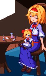 Rule 34 | 1girl, alice margatroid, apron, belt, blonde hair, blue dress, blue eyes, boots, bow, bowtie, breasts, brodall pixel, brown footwear, buttons, capelet, chair, closed eyes, dress, frilled dress, frills, full body, hair between eyes, hairband, hand on another&#039;s head, highres, long hair, medium breasts, pixel art, red belt, red bow, red bowtie, red hairband, shanghai doll, short hair, sitting, sitting on person, smile, solo, table, touhou, waist apron, white apron, white capelet