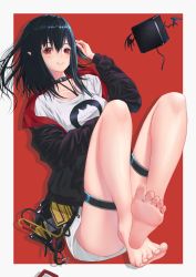 Rule 34 | 1girl, absurdres, arknights, bare legs, barefoot, black choker, black hair, black jacket, blush, border, breasts, choker, closure (arknights), collarbone, commentary request, convenient leg, cube, drop shadow, feet, foot focus, foreshortening, grey border, grin, hair between eyes, hand up, highres, jacket, long hair, long sleeves, looking at viewer, medium breasts, no pants, off shoulder, open clothes, open jacket, outside border, pointy ears, red background, red eyes, shirt, simple background, smile, solo, t-shirt, thigh strap, thighs, white shirt, xi-u