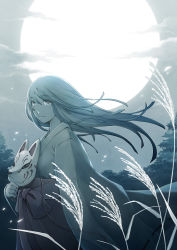 Rule 34 | 1girl, aqua hair, backlighting, character request, cloud, cloudy sky, commentary request, cowboy shot, dark, floating hair, forest, fox mask, from side, full moon, grey eyes, hakama, hakama skirt, highres, holding, holding mask, japanese clothes, light smile, limited palette, long hair, looking at viewer, mask, miko, moon, muted color, nature, night, night sky, petals, red hakama, sachi (yumemayoi), skirt, sky, solo, wheat, wind, yamajin shoujo