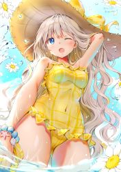 Rule 34 | 1girl, bare shoulders, blue eyes, blush, bow, bracelet, breasts, covered navel, hat, hat bow, hat ribbon, highres, jewelry, kinako (shiratama mochi), large breasts, looking at viewer, one-piece swimsuit, one eye closed, open mouth, original, ribbon, silver hair, smile, solo, straw hat, swimsuit, yellow bow, yellow one-piece swimsuit, yellow ribbon