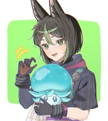 Rule 34 | 1boy, 1other, animal ear fluff, animal ears, asymmetrical sleeves, black hair, blush, border, commentary, creature, earrings, fox boy, fox ears, genshin impact, gloves, green background, green eyes, green hair, holding, hood, hoodie, jewelry, looking at viewer, male focus, medal, multicolored clothes, multicolored gloves, multicolored hair, open mouth, orange gloves, papipipi71, single earring, smile, tighnari (genshin impact), white border