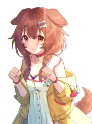 Rule 34 | 1girl, :3, animal collar, animal ears, ayame (3103942), blue bow, blush, bone hair ornament, bow, bracelet, braid, breasts, brown eyes, brown hair, buttons, cartoon bone, chromatic aberration, cleavage, closed mouth, collar, collarbone, dog ears, dog girl, dog tail, dress, hair between eyes, hair ornament, hairclip, highres, hololive, inugami korone, inugami korone (1st costume), jacket, jewelry, long hair, low twin braids, low twintails, medium breasts, off-shoulder jacket, off shoulder, paw pose, raised eyebrows, red bow, red collar, simple background, smile, solo, tail, twin braids, twintails, upper body, virtual youtuber, white background, white dress, wristband, yellow jacket
