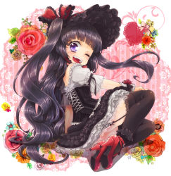 Rule 34 | 1girl, ;d, arm support, black hair, black thighhighs, blush, bonnet, dress, flower, frills, garter straps, gothic lolita, hat, high heels, highres, lace, lace-trimmed legwear, lace trim, lolita fashion, long hair, namisaki yuka, one eye closed, open mouth, original, purple eyes, shoes, smile, solo, thighhighs, twintails, two side up, very long hair, wink, wrist cuffs