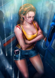 Rule 34 | 1girl, artist name, breasts, cellphone, cleavage, closed mouth, commentary, creatures (company), crossed arms, cutoffs, denim, denim shorts, closed eyes, eyeshadow, facing away, from above, game freak, hair down, hair slicked back, highres, leaning back, lipstick, makeup, medium breasts, midriff, misty (pokemon), nintendo, aged up, phone, phone booth, pink lips, pokemon, pokemon (anime), pokemon (classic anime), rain, realistic, shirt, short shorts, shorts, silhouette, smartphone, solo, spiderwee, standing, suspenders, tank top, wet, wet clothes, wet hair, yellow shirt