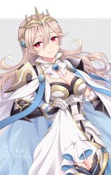 Rule 34 | 1girl, absurdres, armor, breasts, cape, cleavage, corrin (female) (fire emblem), corrin (female) (silent bloodline) (fire emblem), corrin (fire emblem), crown, fire emblem, fire emblem fates, fire emblem heroes, frills, gloves, hair between eyes, hair ornament, highres, hiyori (rindou66), jewelry, long hair, looking at viewer, medium breasts, nintendo, official alternate costume, pointy ears, red eyes, shoulder armor, smile, solo, upper body, white hair
