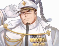 Rule 34 | 1boy, bara, black hair, brown eyes, facial hair, forked eyebrows, goatee, hat, highres, kepi, large pectorals, looking at viewer, male focus, mature male, military, military hat, military uniform, muscular, muscular male, pectorals, scar, scar on face, scar on nose, sdz (inazuma), short hair, sideburns, smile, solo, tokyo houkago summoners, undercut, uniform, upper body, yoritomo (housamo)