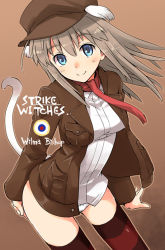 Rule 34 | 1girl, animal ears, blue eyes, blush, breasts, brown hair, fujii jun, hat, looking at viewer, panties, smile, solo, strike witches, strike witches: katayoku no majo-tachi, striped clothes, striped thighhighs, tail, thighhighs, underwear, wilma bishop, world witches series