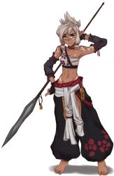 Rule 34 | 1girl, arm behind head, barefoot, black gloves, blue eyes, chest sarashi, commentary, dark-skinned female, dark skin, detached sleeves, english commentary, fingerless gloves, full body, gloves, grey hair, hand on own hip, holding, holding polearm, holding weapon, malberrybush, midriff, navel, original, pointy ears, polearm, puffy pants, sarashi, sash, short hair, simple background, solo, spear, standing, tattoo, weapon, white background