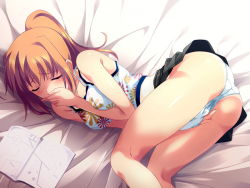 Rule 34 | 1girl, aoba satsuki, ass, bare shoulders, bed sheet, blush, brown hair, closed eyes, covering own mouth, female focus, female masturbation, fingering, game cg, hand in panties, hand over mouth, lying, masturbation, on side, panties, ponytail, renge (eroge), skirt, solo, underwear, upskirt, white panties