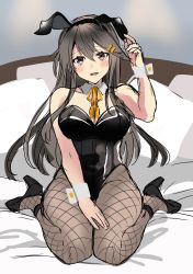 Rule 34 | 1girl, absurdres, animal ears, bed, black hair, black leotard, black pantyhose, breasts, brown eyes, cleavage, commentary request, detached collar, fake animal ears, fishnet pantyhose, fishnets, hair ornament, hairclip, haruna (kancolle), highres, kantai collection, large breasts, leotard, long hair, pantyhose, pillow, playboy bunny, rabbit ears, ribbon, sitting, solo, strapless, strapless leotard, wariza, wrist cuffs, yellow ribbon, yunamaro