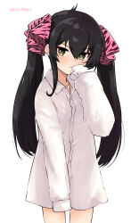 Rule 34 | 1girl, absurdres, animal print, black hair, blush, collared shirt, commentary request, cowboy shot, hair ribbon, highres, idolmaster, idolmaster cinderella girls, leopard print, long hair, looking at viewer, matoba risa, naked shirt, oversized clothes, oversized shirt, pink ribbon, ribbon, roccamoya, shirt, simple background, sleeves past fingers, sleeves past wrists, solo, twintails, twitter username, white background, white shirt, yellow eyes
