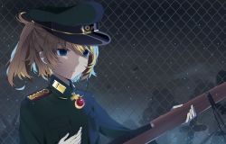 Rule 34 | 10s, 1girl, bad id, bad pixiv id, blonde hair, blue eyes, breast pocket, building, calligraphy brush (medium), chain-link fence, commentary request, cross, empty eyes, fence, gloves, green hat, green jacket, gun, hair between eyes, hat, highres, holding, holding gun, holding weapon, jacket, long sleeves, looking away, military, military uniform, night, night sky, outdoors, parted lips, peaked cap, pocket, ponytail, rifle, short hair, sky, solo, tanya degurechaff, uniform, upper body, weapon, white gloves, youjo senki, yurumawari