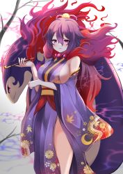 Rule 34 | 1girl, absurdres, bare shoulders, breasts, commentary request, copyright request, creatures (company), detached sleeves, game freak, gradient hair, hair between eyes, highres, hisuian typhlosion, holding, holding smoking pipe, japanese clothes, kimono, kiseru, large breasts, long hair, long sleeves, looking at viewer, multicolored hair, nintendo, obi, pokemon, pokemon (creature), purple eyes, purple hair, purple kimono, purple sleeves, red hair, sash, shibakame, sideboob, smoking pipe, solo, very long hair, wide sleeves