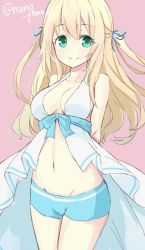 Rule 34 | 1girl, alternate costume, amagi brilliant park, aqua eyes, arms behind back, atago (kancolle), bad id, bad twitter id, bare shoulders, blonde hair, breasts, cosplay, cowboy shot, groin, hair ribbon, kantai collection, long hair, looking at viewer, medium breasts, navel, pink background, ribbon, shorts, smile, solo, swimsuit, sylphy (amaburi), sylphy (amaburi) (cosplay), takehana note, twitter username, two side up