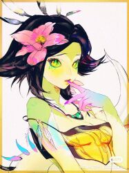 Rule 34 | 1girl, bare shoulders, black hair, border, breasts, chameleon girl, cleavage, colored skin, crop top, eyelashes, finger to mouth, flower, green eyes, green skin, hair flower, hair ornament, highres, jian tai (cuoyu0), league of legends, looking at viewer, medium hair, multicolored eyes, multicolored hair, neeko (league of legends), orange eyes, parted bangs, parted lips, pink flower, purple nails, simple background, small breasts, solo, tail, two-tone hair, upper body, white background, yellow border