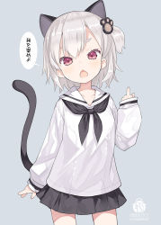 Rule 34 | 1girl, animal ears, black neckerchief, black skirt, blue background, capriccio, cat ears, cat girl, cat tail, chestnut mouth, collarbone, commentary request, hand up, kaburi chiko, long sleeves, looking at viewer, middle finger, neckerchief, one side up, open mouth, original, paw hair ornament, pleated skirt, red eyes, sailor collar, shirt, silver hair, simple background, skirt, sleeves past wrists, solo, tail, tail raised, thick eyebrows, translated, white sailor collar, white shirt