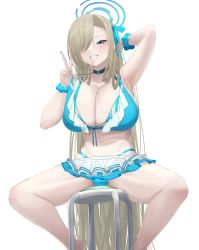 Rule 34 | 1girl, absurdres, arm behind head, asuna (blue archive), bikini, bikini under clothes, black choker, blue archive, blue bikini, blue eyes, breasts, choker, frilled skirt, frills, hair over one eye, highres, huge breasts, light brown hair, long hair, microskirt, mole, mole on breast, nandarobium, pulling own clothes, simple background, skirt, smile, solo, spread legs, strap pull, swimsuit, teeth, underwear, very long hair, white background
