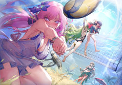 Rule 34 | ahoge, angry, ball, barefoot, beach, bikini, blue flower, blue hair, bouncing breasts, breasts, brown hair, character request, cleavage, cup, drinking glass, duplicate, eden (honkai impact), elf, elysia (honkai impact), flower, gloves, green hair, hair flower, hair ornament, highres, honkai (series), honkai impact 3rd, jacket, jacket on shoulders, jumping, large breasts, long hair, looking back, mobius (honkai impact), motion lines, palm tree, pink eyes, pink hair, pixel-perfect duplicate, pointy ears, raven (honkai impact), red eyes, school swimsuit, sitting, small breasts, speed lines, standing, swimsuit, tree, twintails, volleyball, volleyball (object), volleyball net, walzrj, wine glass, yellow eyes