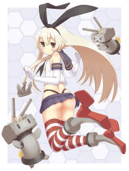 Rule 34 | 10s, 1girl, anchor, ass, back, bad id, bad pixiv id, blonde hair, blush, breasts, crop top, crop top overhang, elbow gloves, from behind, gloves, hairband, highleg, highleg panties, highres, kantai collection, long hair, looking back, microskirt, midriff, mira (19900711), panties, pleated skirt, rensouhou-chan, shimakaze (kancolle), skirt, small breasts, solo, striped clothes, striped thighhighs, thighhighs, thong, underwear, whale tail (clothing), white gloves