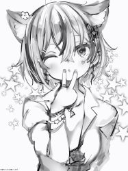 Rule 34 | 1girl, animal ears, bad id, bad pixiv id, blush, bracelet, breasts, cat ears, crossed bangs, facial mark, greyscale, hair between eyes, highres, jewelry, large breasts, looking at viewer, medium hair, monochrome, multicolored hair, nanashi (nlo), necklace, one eye closed, parted lips, ring, shirt, solo, streaked hair, tsumugine rei, upper body, v, v over mouth, virtual youtuber, white shirt, zero project