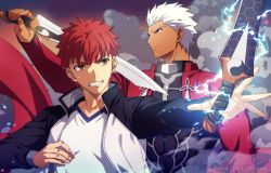 Rule 34 | 2boys, akujiki59, archer (fate), closed mouth, dark-skinned male, dark skin, electricity, emiya shirou, fate/stay night, fate (series), jacket, long sleeves, male focus, multicolored clothes, multicolored jacket, multiple boys, open mouth, red hair, short hair, smoke, sword, v-neck, weapon, white hair, yellow eyes