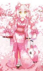 Rule 34 | 1girl, absurdres, animal ears, bow, braid, cherry blossoms, fang, flower, full body, geta, hair bow, hair flower, hair ornament, highres, holding, holding umbrella, ice laozei, japanese clothes, kimono, long hair, looking at viewer, obi, oil-paper umbrella, pink bow, pink flower, pink hair, pink kimono, pink theme, sash, shimakaze (warship girls r), solo, standing, tabi, twin braids, umbrella, very long hair, warship girls r, yellow eyes