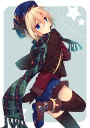 Rule 34 | 1boy, ahoge, ankle boots, arm at side, beret, blonde hair, blue eyes, blue headwear, blue shorts, boots, bow, brown bow, brown footwear, brown gloves, brown legwear, buttons, capelet, commentary request, cowboy shot, finger to mouth, fringe trim, from side, gloves, hair between eyes, hand up, hat, hat bow, kazato fuuchi, leg up, long sleeves, looking at viewer, original, plaid, plaid scarf, purple shirt, scarf, shirt, short hair, short shorts, shorts, shushing, solo focus, standing, standing on one leg, thigh boots, thighhighs, twisted neck