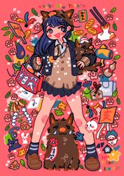 Rule 34 | 1girl, 2019, absurdres, bag, black skirt, blue hair, blush, boar, bread, brown footwear, brown sweater, chinese zodiac, collared shirt, eggplant, flower, food, happy new year, highres, leaf, long hair, nail polish, new year, no nose, open mouth, original, pink flower, pleated skirt, red nails, shirt, shoes, sizucomaru, skirt, smile, socks, solo, sweater, white shirt, year of the pig