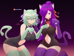 Rule 34 | 2girls, absurdres, animal ears, animal hands, breasts, byleth (female) (fire emblem), byleth (fire emblem), cat ears, cat tail, cleavage, clothing cutout, enlightened byleth (female), fire emblem, fire emblem: three houses, fire emblem warriors: three hopes, gloves, green hair, hair bun, hair over one eye, highres, large breasts, leotard, looking at viewer, multiple girls, navel cutout, nintendo, paw gloves, paw pose, purple hair, raydango, shez (female) (fire emblem), shez (fire emblem), single hair bun, tail, thighhighs