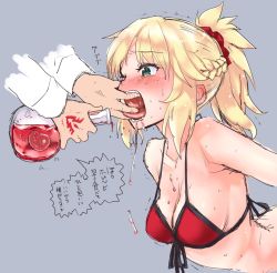 Rule 34 | 1boy, 1girl, arched back, bikini, blonde hair, blush, body blush, braid, breasts, cleavage, command spell, crown braid, ear blush, fangs, fate/apocrypha, fate (series), feeding, fingers in mouth, fujimaru ritsuka (male), gameplay mechanics, green eyes, grey background, half updo, holding, japanese text, long hair, looking at another, medium breasts, mordred (fate), mordred (fate/apocrypha), mordred (swimsuit rider) (first ascension) (fate), mozu (peth), one eye closed, open mouth, out of frame, ponytail, potion, red bikini, sexually suggestive, simple background, small breasts, solo focus, speech bubble, sweat, swimsuit, tareme, tearing up, teeth, tongue, tongue out, translation request