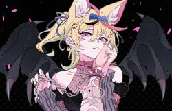 Rule 34 | 1girl, animal ear fluff, animal ears, bare shoulders, black hair, black nails, blonde hair, bow, bracelet, chain, collar, demon wings, ear piercing, fox ears, hair bow, hair ribbon, hand on another&#039;s face, heart, heart-shaped pupils, highres, holding, holding chain, hololive, jewelry, kakult2017, long sleeves, looking at viewer, multicolored hair, multiple rings, omaru polka, piercing, pink collar, pink eyes, pink hair, pov, pov hands, ribbon, ring, solo focus, spiked bracelet, spikes, streaked hair, symbol-shaped pupils, virtual youtuber, wings