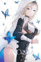 Rule 34 | 1girl, aponia (honkai impact), black dress, blonde hair, blue eyes, blurry, blurry foreground, breast curtain, breasts, bug, butterfly, character name, closed mouth, commentary, cowboy shot, cross, dress, expressionless, frilled dress, frills, gem, habit, hair between eyes, half-closed eyes, highres, honkai (series), honkai impact 3rd, infinity (kkx132), insect, interlocked fingers, long hair, long sleeves, looking at viewer, looking to the side, medium breasts, motion blur, nun, own hands together, pelvic curtain, solo, standing, too many, too many butterflies, turtleneck, white background, white headwear