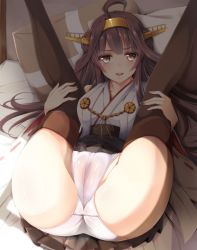 Rule 34 | 10s, 1girl, ahoge, bare shoulders, brown hair, detached sleeves, double bun, folded, hair bun, hairband, hazuki gyokuto, japanese clothes, kantai collection, knees to chest, kongou (kancolle), kongou kai ni (kancolle), leg hold, long hair, looking at viewer, lying, nontraditional miko, on back, open mouth, panties, pussy, solo, spread legs, thighhighs, underwear