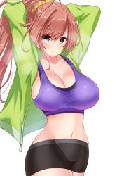 Rule 34 | 1girl, arisugawa natsuha, arms behind head, arms up, bad id, bad twitter id, bandai namco, bike shorts, black eyes, black shorts, blush, bra, breasts, cleavage, closed mouth, collarbone, green jacket, highres, idolmaster, idolmaster shiny colors, jacket, large breasts, long hair, long sleeves, looking at viewer, navel, open clothes, open jacket, ponytail, purple bra, red hair, sankakusui, scrunchie, shorts, simple background, smile, solo, sports bra, stretching, swept bangs, underwear, white background